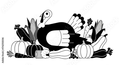 Thanksgiving feast illustration featuring a turkey surrounded by autumn harvest vegetables