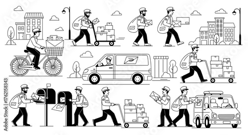 Postal workers delivering mail and packages with bikes, scooters, trucks, and mailboxes