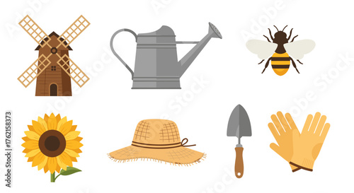 Charming garden scene with windmill, tools, and sunflower, perfect for spring designs