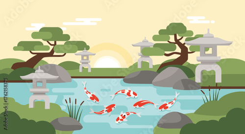 Serene koi carp swim gracefully in a tranquil Japanese garden pond at sunset