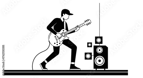 Dynamic guitarist passionately playing electric guitar on stage with professional sound system