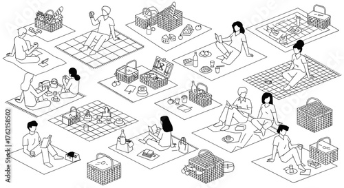 People enjoying picnics on checkered blankets, perfect for summer leisure and relaxation