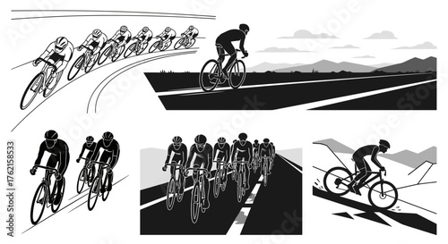 Dynamic cyclists racing on open roads and mountain paths, promoting speed and competition