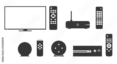 Modern entertainment set with TV, remote controls, gaming console, and streaming device.