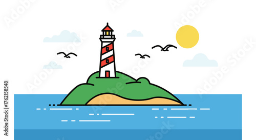 Lighthouse on island with seagulls and sun, evoking travel and adventure vibes
