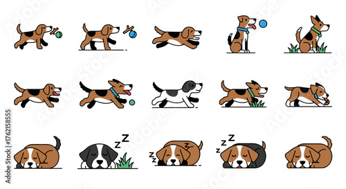 Dynamic illustrated beagle puppy collection, playful, active, and adorable for pet brands