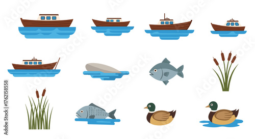 Boats, fish, and ducks float on serene water, perfect for nature or travel concepts