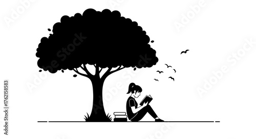 Young woman reading a book under a tree, enjoying peaceful moment of relaxation