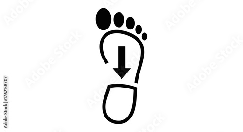 Footprint with downward arrow symbol, representing progress, movement, and direction.