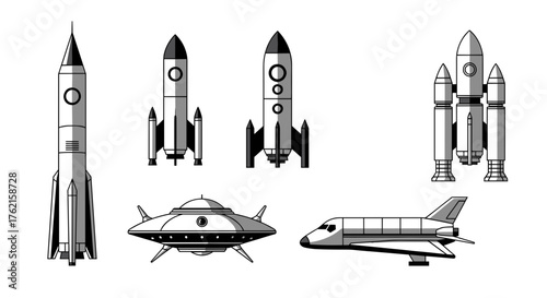Collection of rockets, spaceship, and UFO icons perfect for space exploration concepts