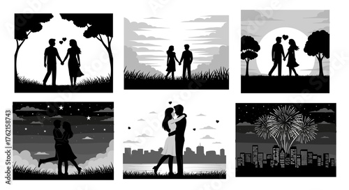 Romantic silhouettes of couples in love, celebrating togetherness and connection