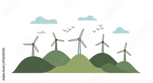 Wind turbines on green hills powering a sustainable future with clean energy