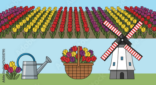 Vibrant tulip fields with windmill, basket, and watering can create a stunning scene
