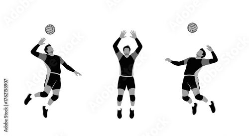 Dynamic volleyball players in action, capturing the thrill of the game with powerful jumps and spikes.