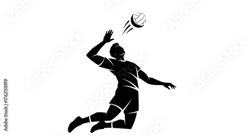 Dynamic athlete spikes volleyball during intense game action, showcasing peak performance and athletic skill