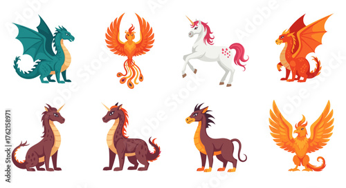Magical creatures set featuring dragons, unicorns, and phoenixes in fantasy adventure
