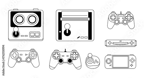 Modern gaming controllers and consoles depicted in clean line art style for digital entertainment