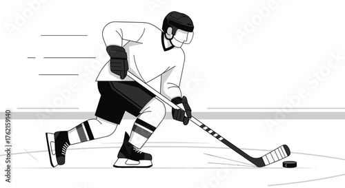 Dynamic hockey player skating with puck, ready for action on ice rink, vector design.