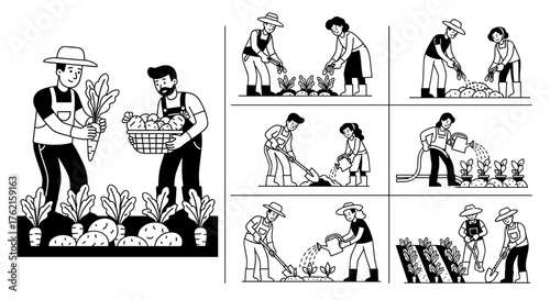 Farmers cultivate organic vegetables, harvesting carrots, gardening, and watering crops.