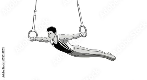 Gymnast performing on rings with strength and control, powerful athletic display of skill