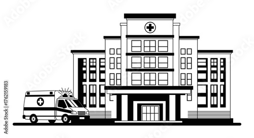 Urgent care services with ambulance at hospital for emergencies, medical attention needed now