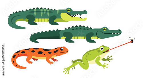 Adorable cartoon reptiles and amphibians in playful poses, perfect for educational content