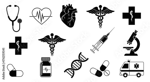 Essential medical icons symbolizing health, science, and emergency care for professional use
