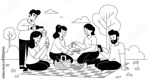 Joyful friends sharing food and laughter on a sunny park picnic blanket