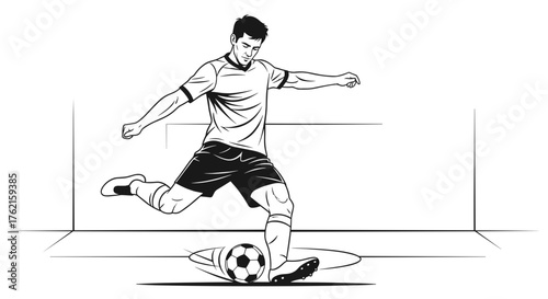 Dynamic athlete powerfully kicking soccer ball during intense match action