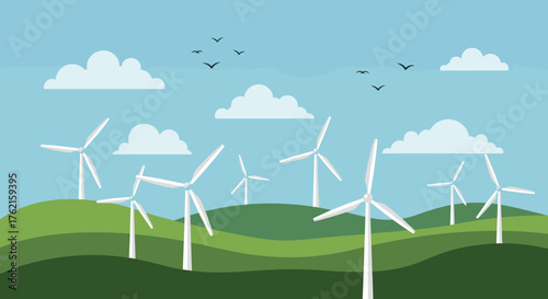 Clean energy wind farm on rolling green hills under a bright sky with flying birds