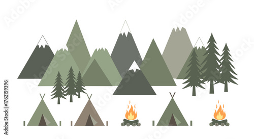 Vibrant mountain camping scene with tents and campfires, evoking adventure and nature exploration.