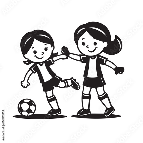 Two happy cartoon girls in soccer uniforms playing with a ball on a white background celebrating teamwork and sport