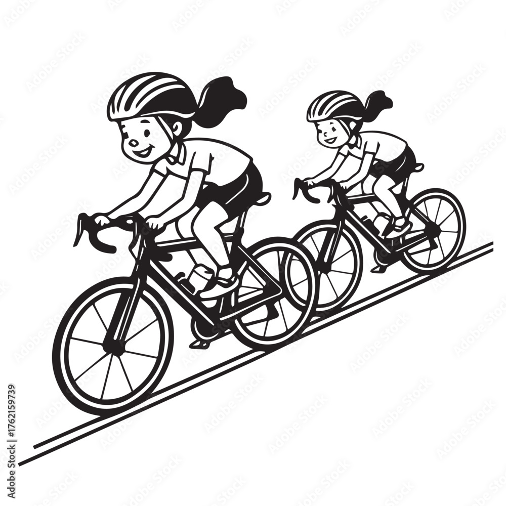 Obraz premium Two happy cartoon girls wearing helmets riding bicycles on a road enjoying a sunny day outdoors together