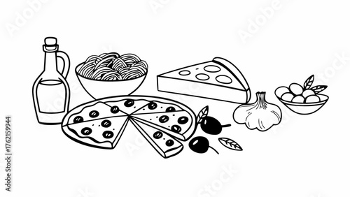 Hand-drawn italian food vector set delicious pasta pizza garlic and olives