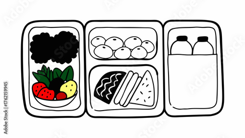 Hand drawn lunch box set healthy food fruits salad vector illustration