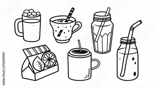 Doodle vector illustration set refreshing drinks smoothies iced tea for beverage concepts