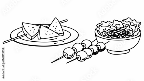 Hand drawn mediterranean lunch set with hummus pita and skewers vector illustration