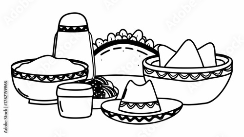 Vector mexican food doodle illustration with tacos burritos and sombrero