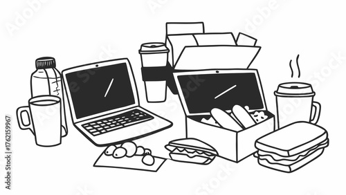 Sketchy office lunch break scene with laptop coffee and food vector