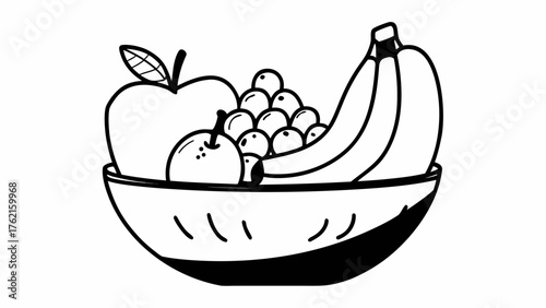 Minimalist doodle fruit bowl with apple banana and grapes vector illustration