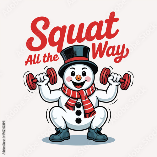 A cartoon snowman doing squats with dumbbells a playful fitness illustration