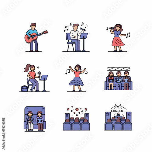 Line art icons depicting music performance, concert attendees, singing, playing instruments, and live entertainment activities.
