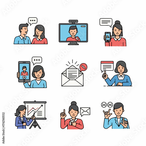 Modern communication and business vector icons set featuring video calls, email, mobile chat, presentations, and interpersonal interactions.