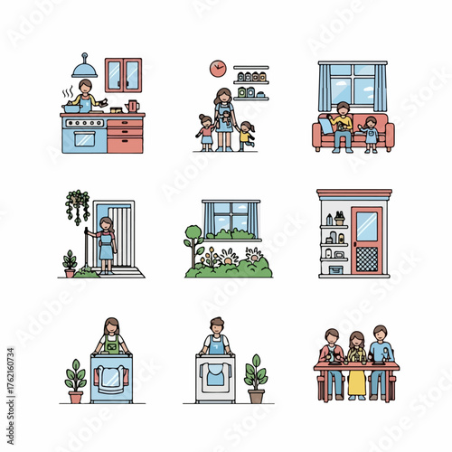 Domestic life and household chores vector icons set: family, cooking, cleaning, laundry, and gardening routines illustration pack.