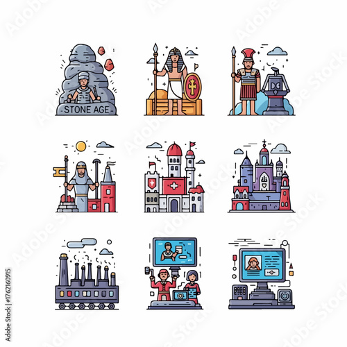 History of humanity from Stone Age, Ancient empires, Middle Ages, Industrial Revolution to the Modern Digital Age.