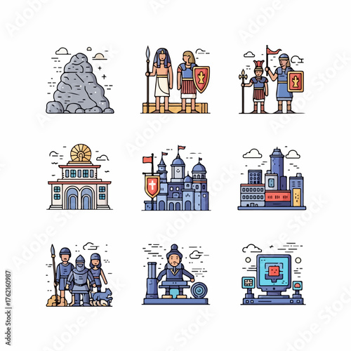 Outline vector icon set depicting the timeline of human civilization, history, and technological progress, from antiquity to the digital age.