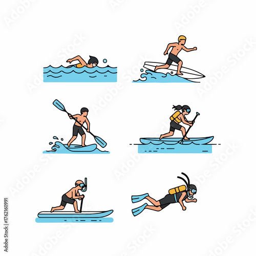 Water Sports and Aquatic Activities Icon Set: Swimming, Surfing, Paddleboarding, Snorkeling, and Scuba Diving Illustrations.