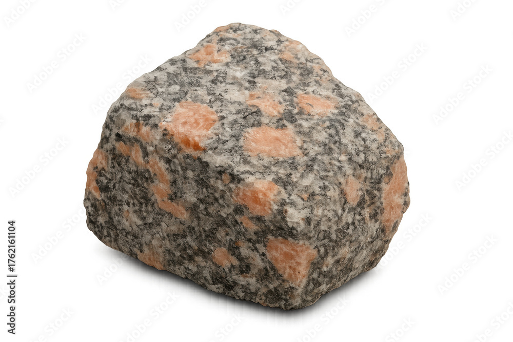 Obraz premium Porphyry rock specimen with speckled orange and gray minerals, raw igneous stone geology sample, transparent background