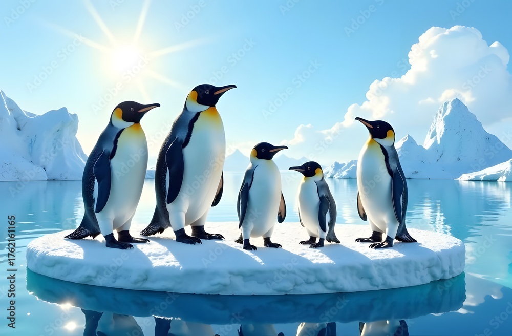 Obraz premium A group of penguins stands on a small ice floe amidst the mirror-like Antarctic waters, dotted with icebergs and bright sunshine, highlighting the species' sea ice habitat.