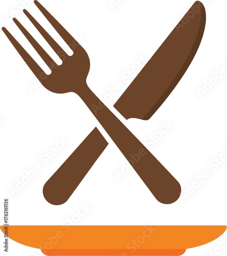 Crossed fork and knife over plate simple graphic food dining restaurant service concept vector